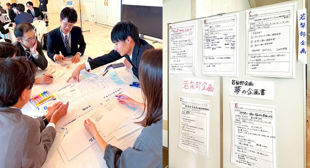 グループワークの様子と、掲示された企画書