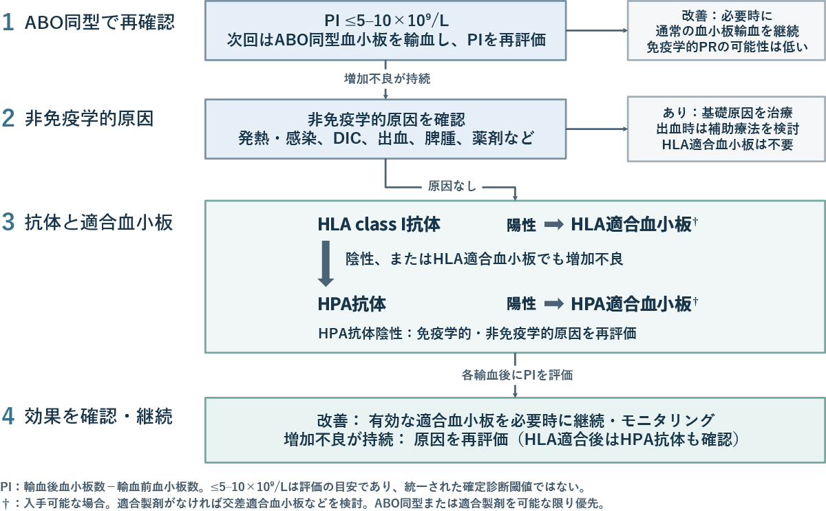 図　血小板輸血不応（PR）対応フロー〔Nahirniak S, et al : Blood, 145 : 2293-2302, 2025を基に筆者作成〕
